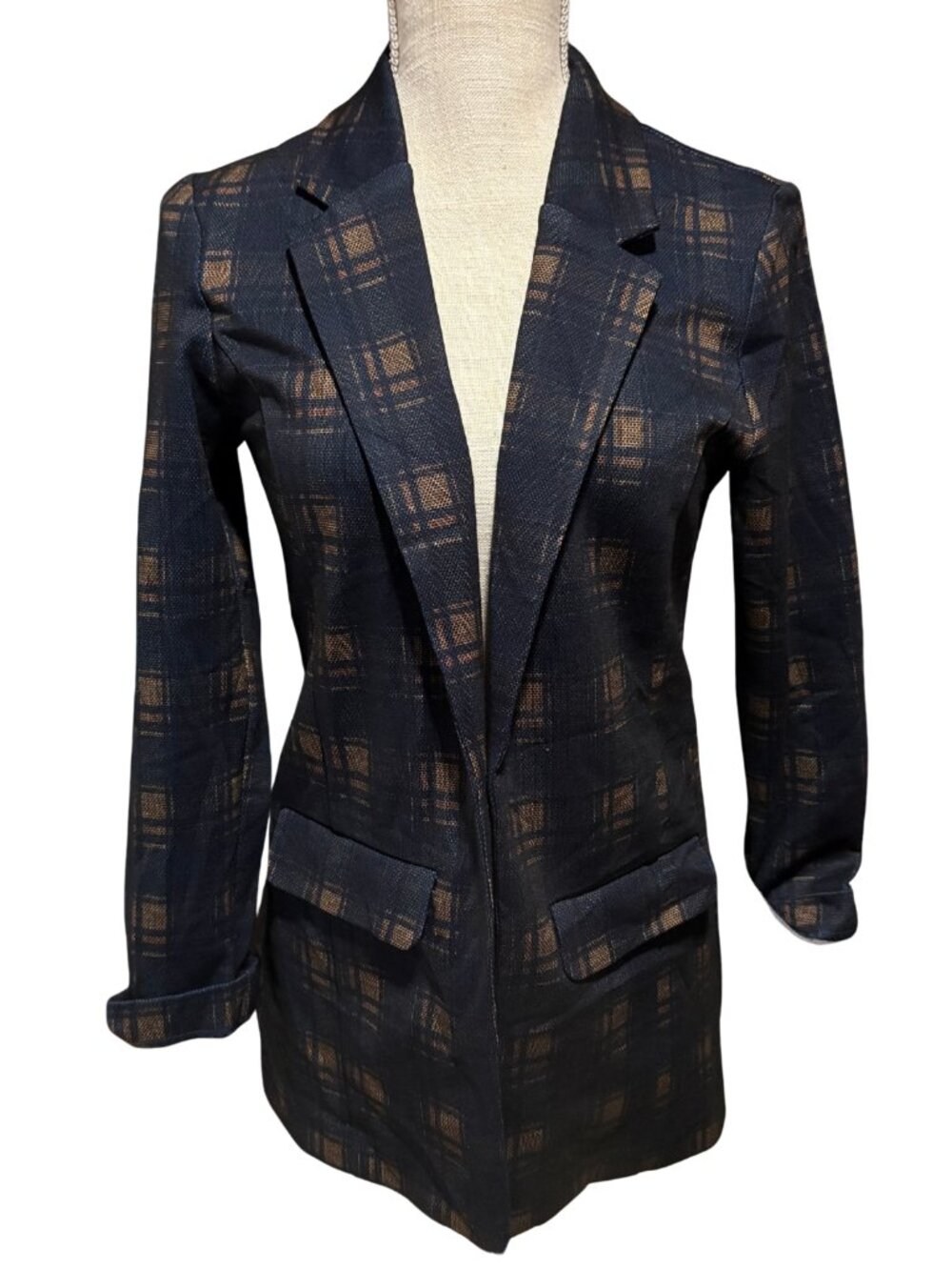 Liverpool Los Angeles Blazer Women Navy Amber Plaid Print Open Front NWT
